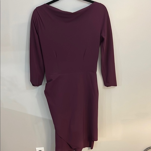 Purple Midi Sheath Dress with 3/4 Sleeves and Asymmetrical Neckline for Cocktail - Picture 3 of 5